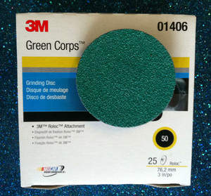 3M 01406 3" Green Roloc Grinding Disc 50 Grit 25/BX 